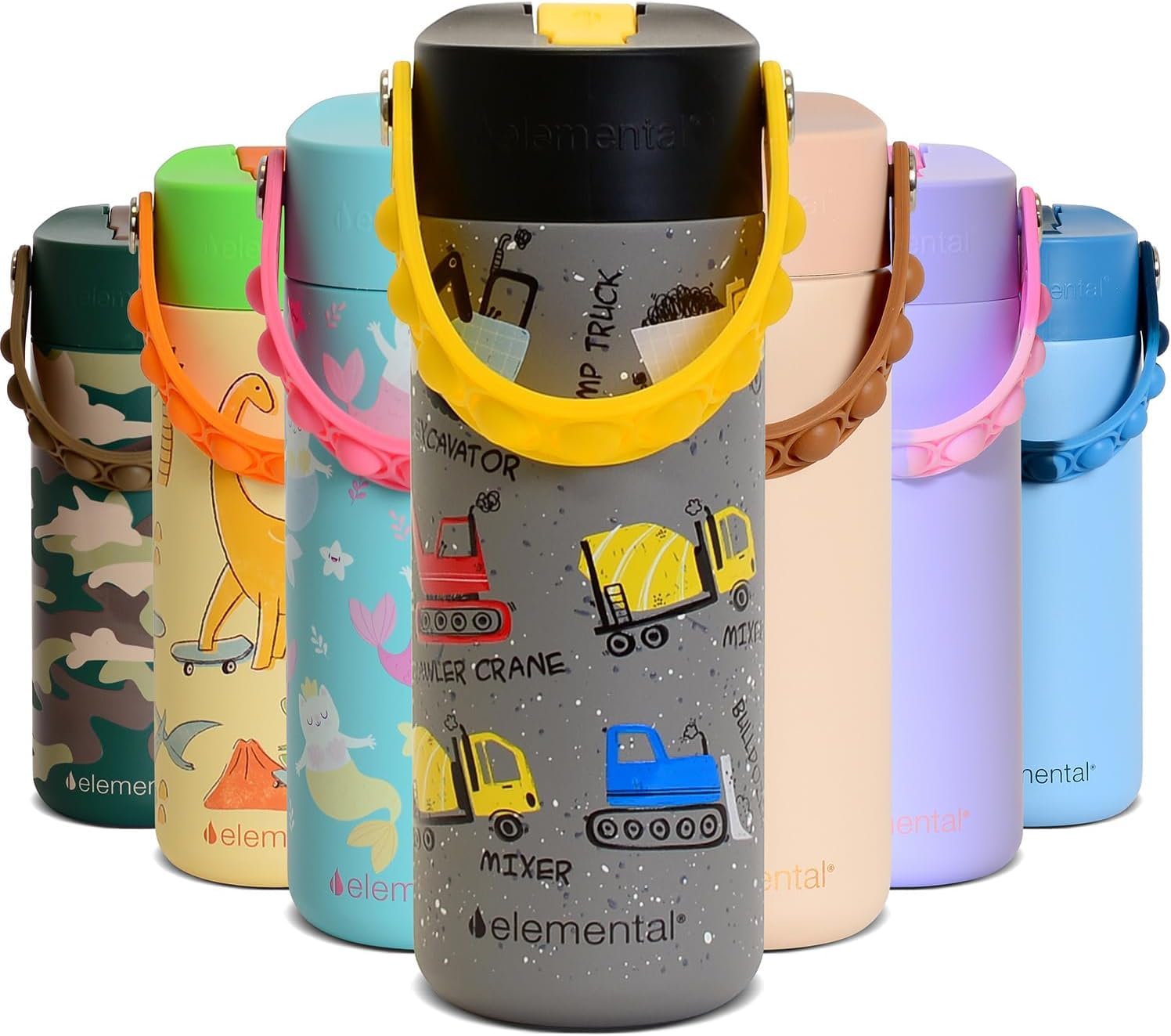Elemental insulated kids bottle with straw lid keeps drinks cold and mess-free.