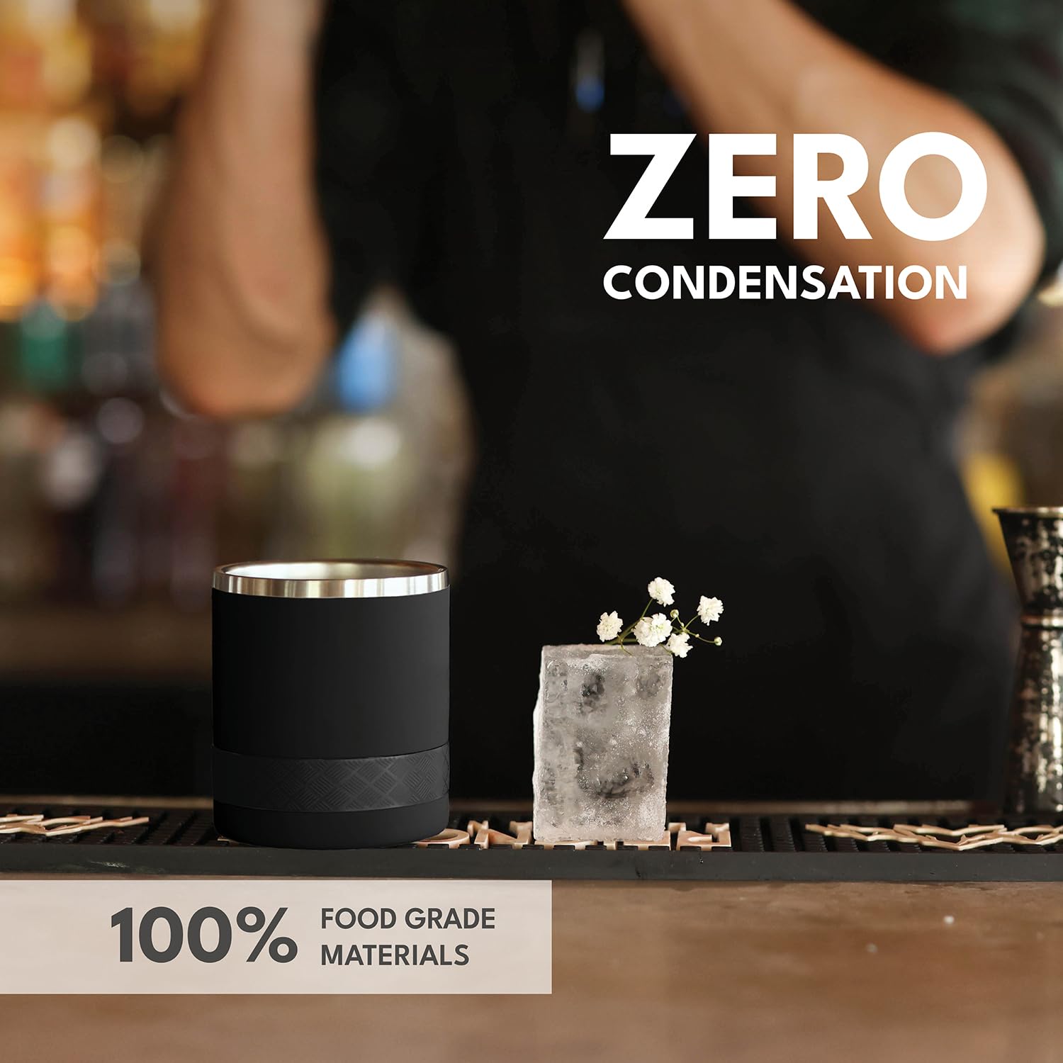 Elemental Recess Lowball Tumbler uses food-grade 18/8 steel for safe sipping.