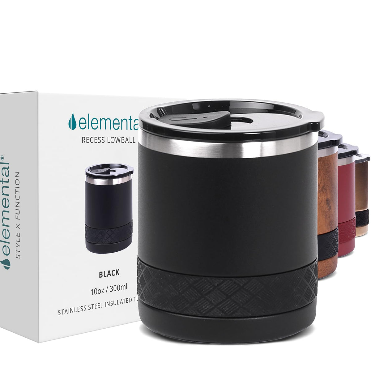 Elemental Recess Lowball Tumbler 10oz with black finish keeps drinks cold up to 18 hours.