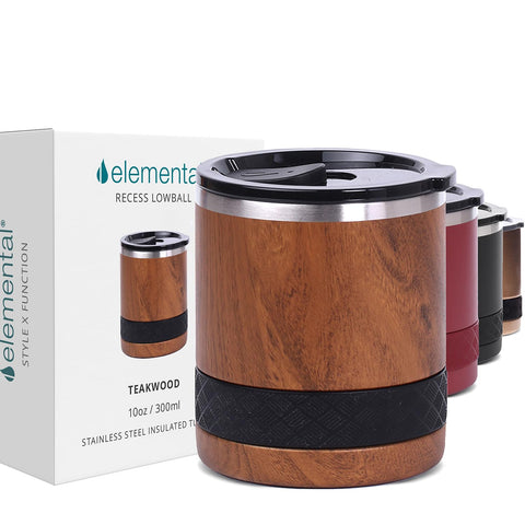 Elemental Recess 10oz tumbler with teak wood finish keeps drinks cold for hours.