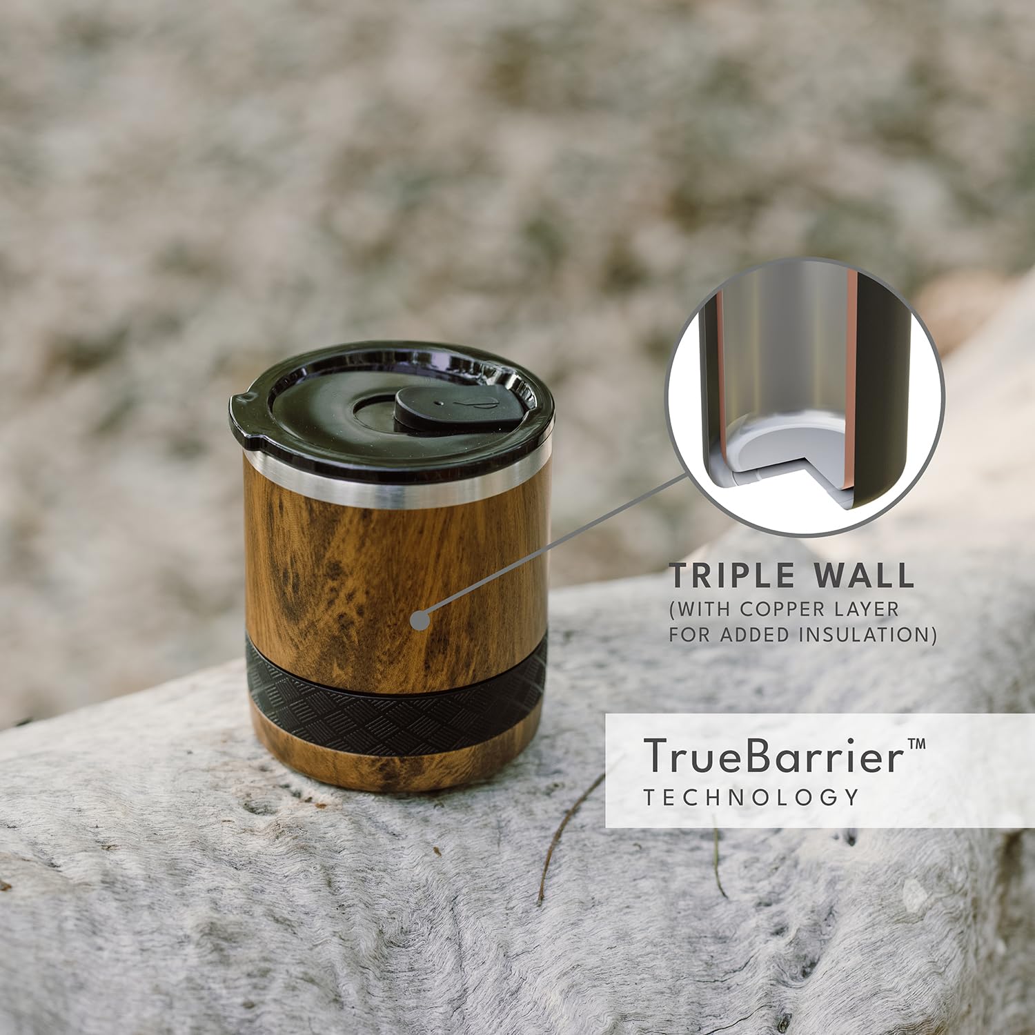 Elemental Recess teak wood accent enhances stylish, travel-friendly drinkware.
