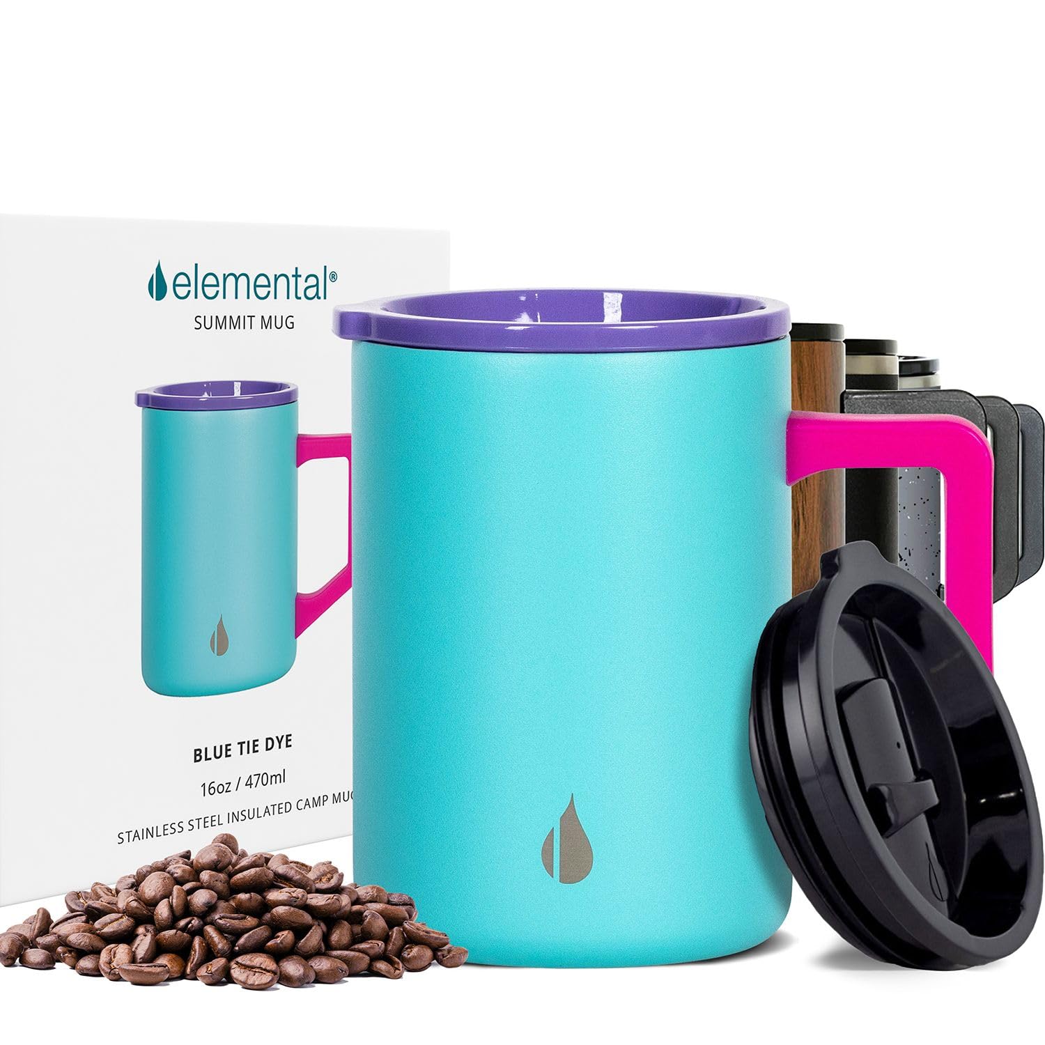 Elemental Summit blue tie-dye travel mug with lid keeps beverages hot or cold on the go.