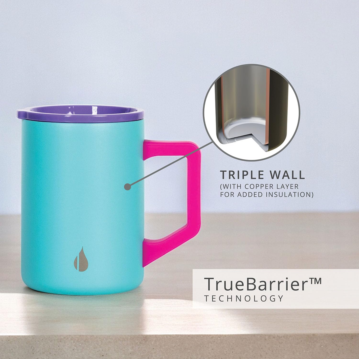 Elemental Summit blue tie-dye mug retains heat or chill while commuting or camping.