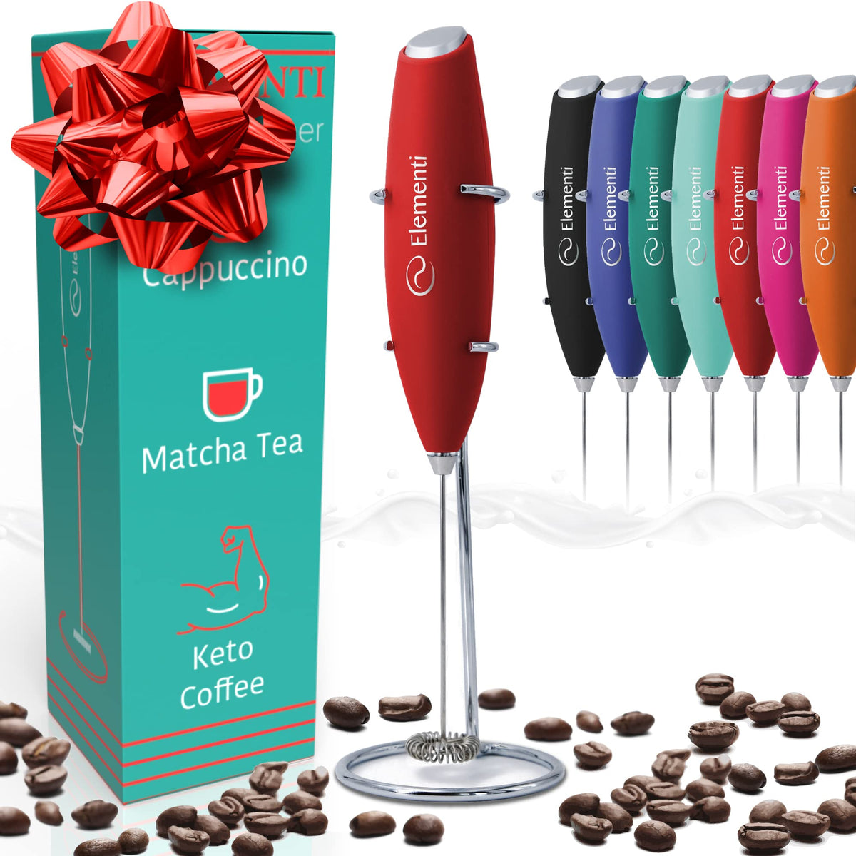 Elementi electric milk frother in red front view for creamy foam in seconds