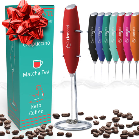 Elementi electric milk frother in red front view for creamy foam in seconds