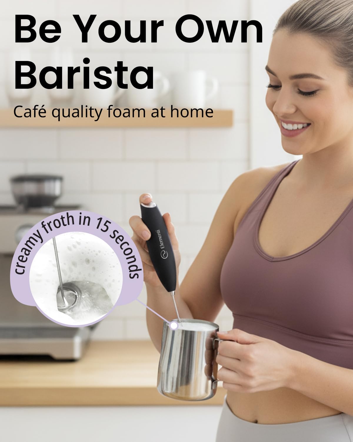 In-use shot showing frothing milk for latte or cappuccino at home