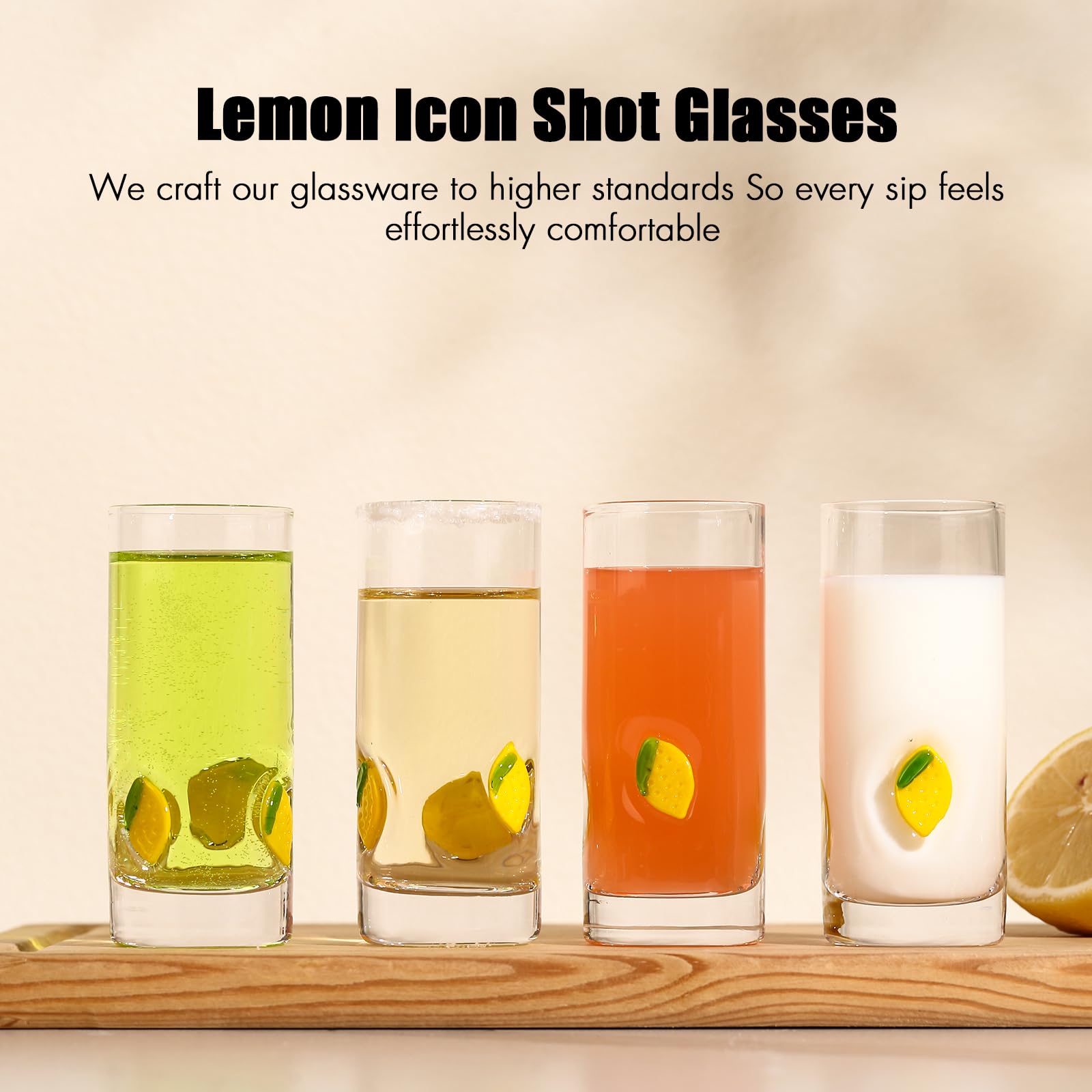 ELERGIFTS lemon-decal shot glasses add a bright citrus touch to drinks.
