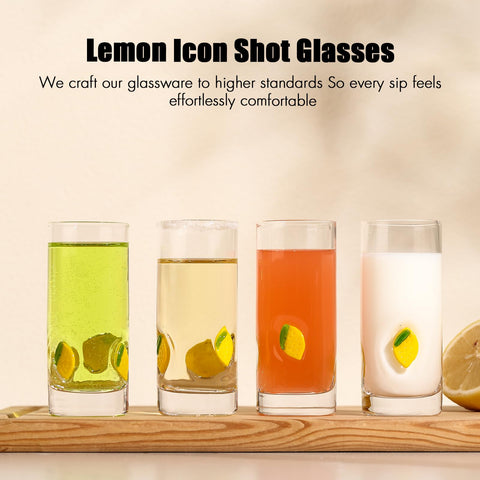 ELERGIFTS lemon-decal shot glasses add a bright citrus touch to drinks.