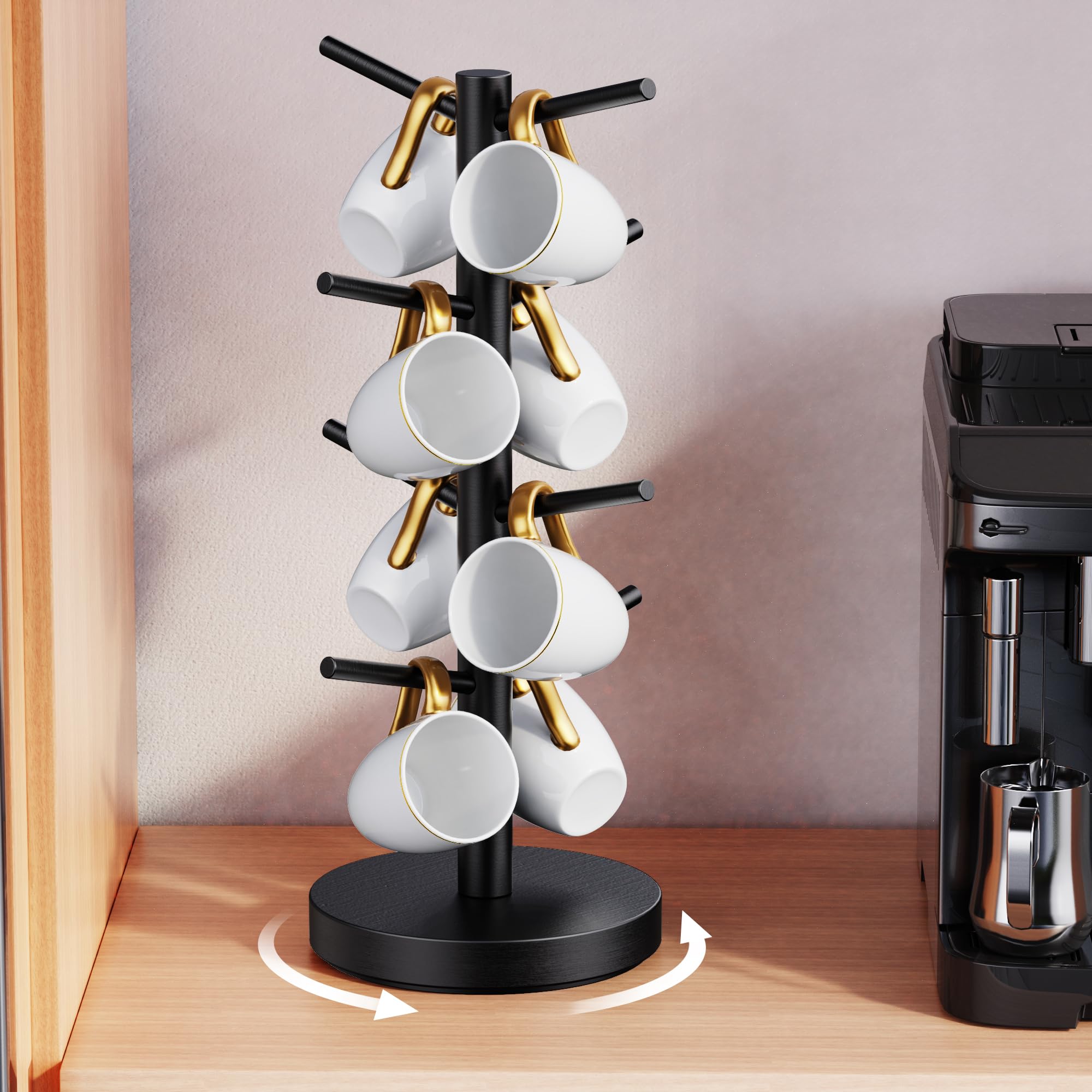 Elerator coffee mug tree base with 360° rotation for easy counter access.