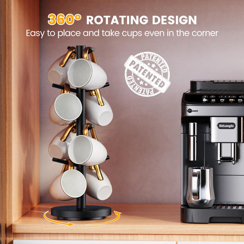 Sturdy base and heavy design keep eight mugs stable on the stand.