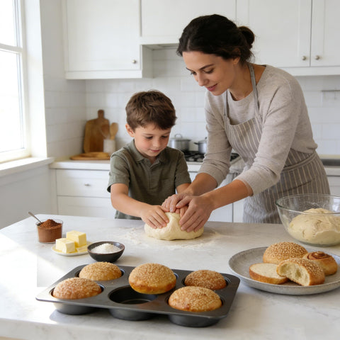 Elesinsoz pan is ideal for English muffins, burger buns, and dinner rolls.
