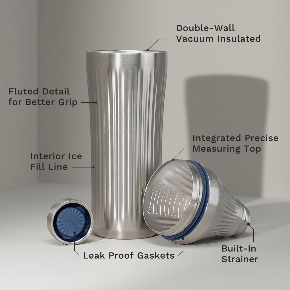 Built-in measuring top on Elevated Craft Diamond Edition shaker for 1/4 to 6 oz pours