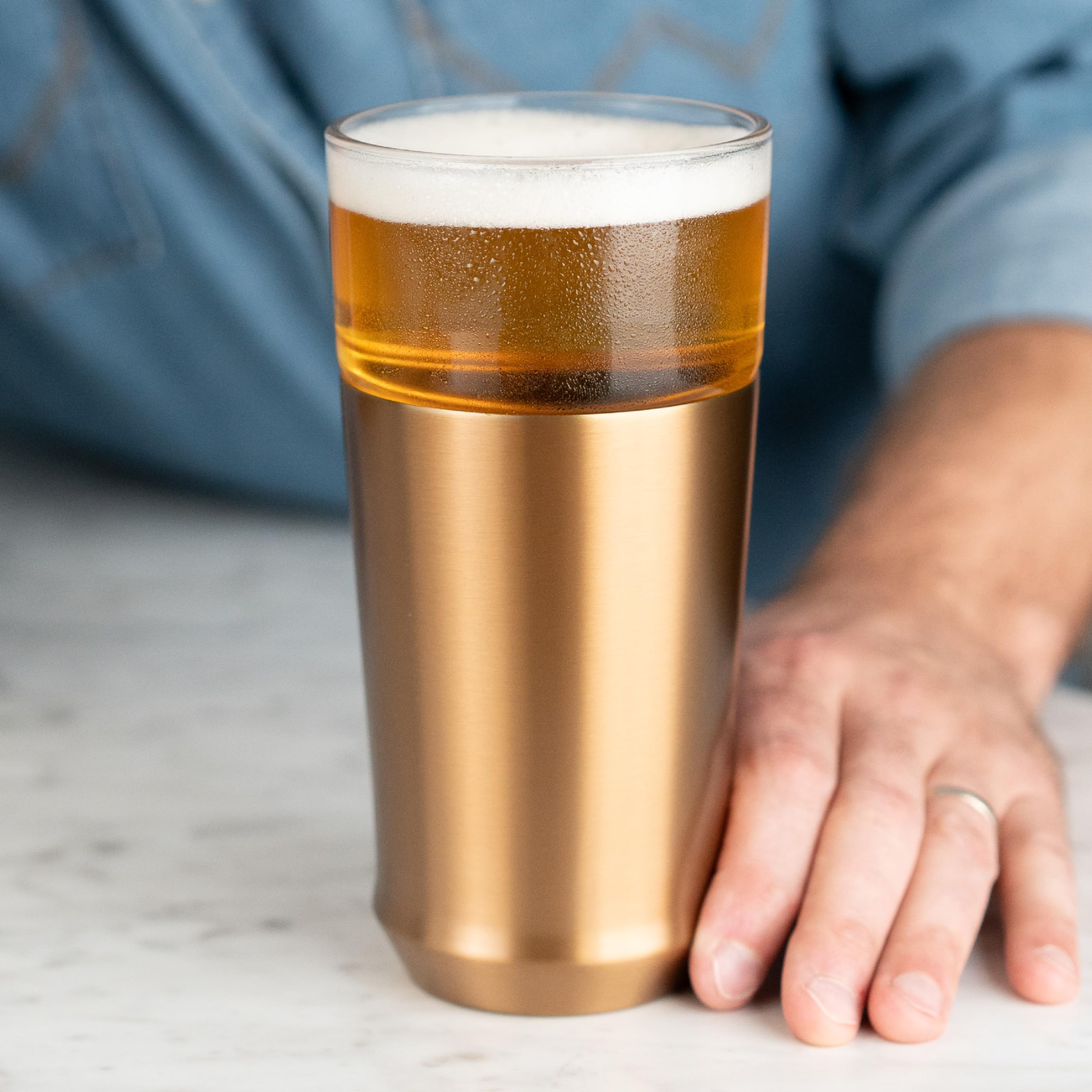 Elevated Craft freezeable pint glass insert for extra chill on hot days.