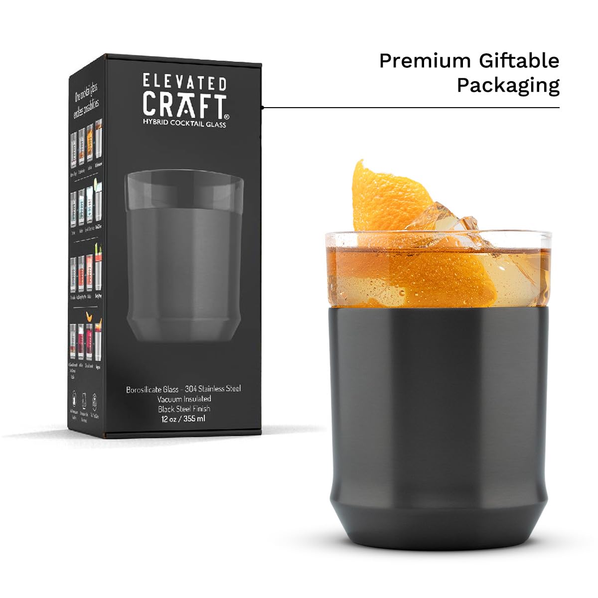 Elevated Craft Hybrid Cocktail Glass elegant packaging signals premium gift-ready presentation.