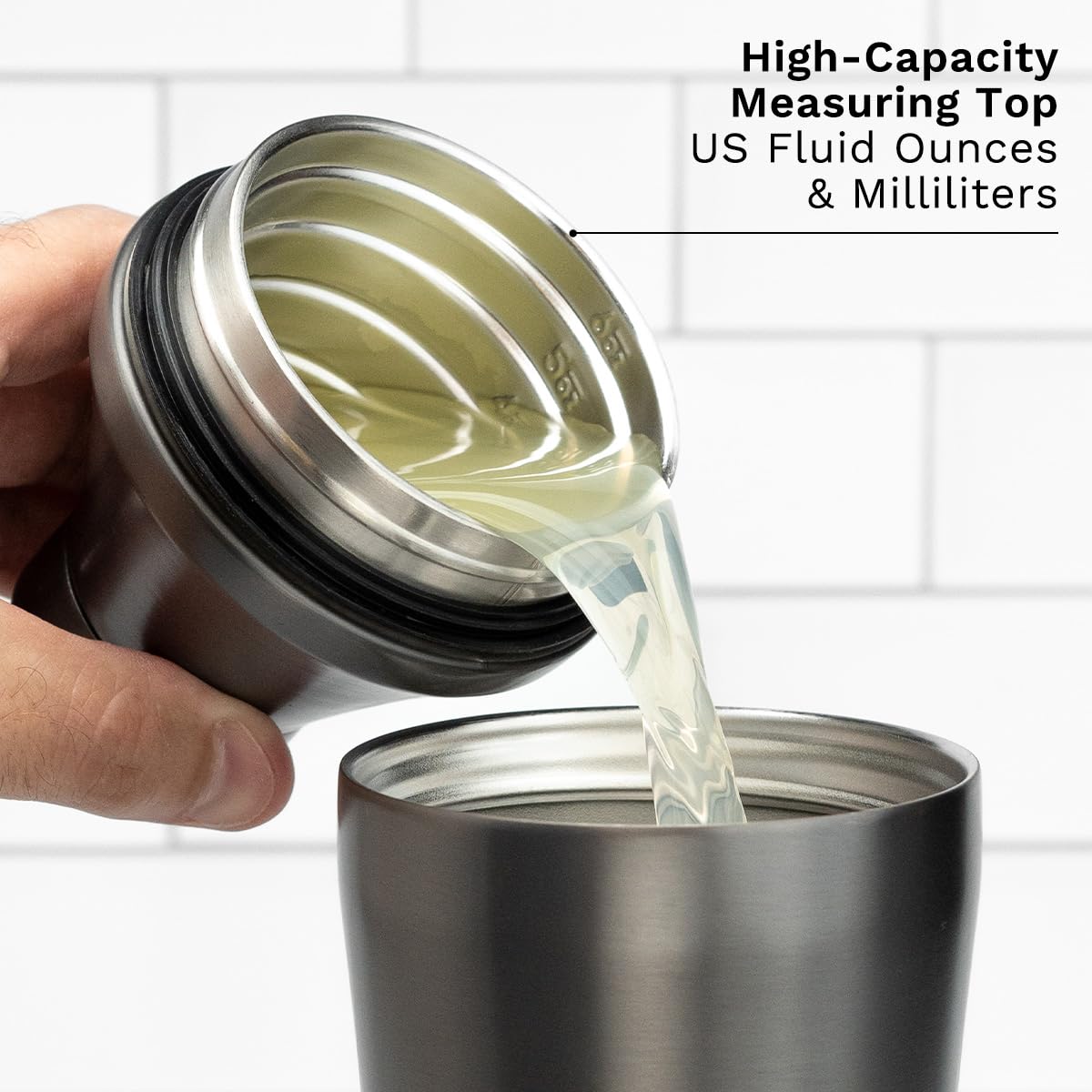 Patent-pending measuring system dialed from 1/4 to 6 oz.