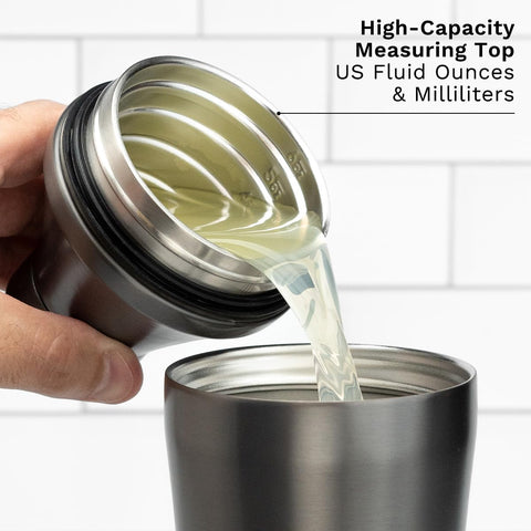 Patent-pending measuring system dialed from 1/4 to 6 oz.