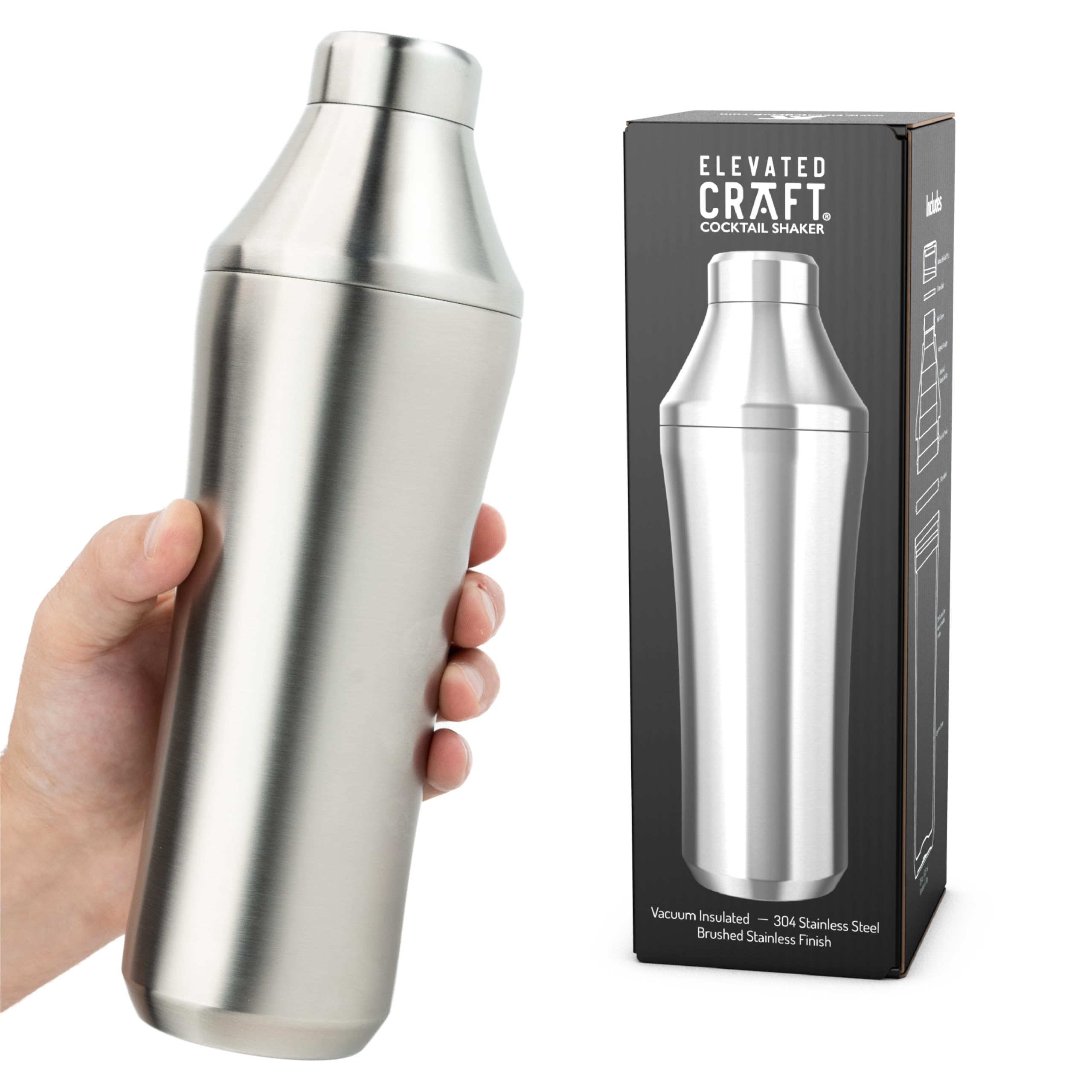 Elevated Craft Hybrid Cocktail Shaker with double-wall insulation keeps drinks cold.