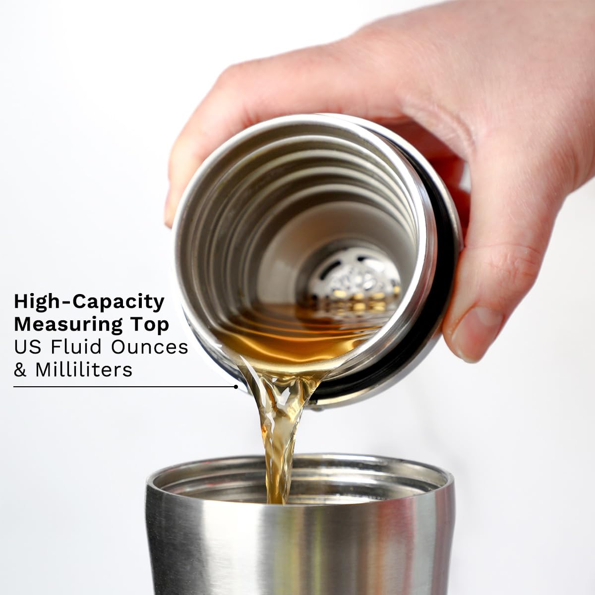 Elevated Craft Hybrid Cocktail Shaker features ergonomic concave curves for grip.
