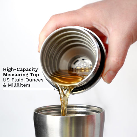 Elevated Craft Hybrid Cocktail Shaker features ergonomic concave curves for grip.