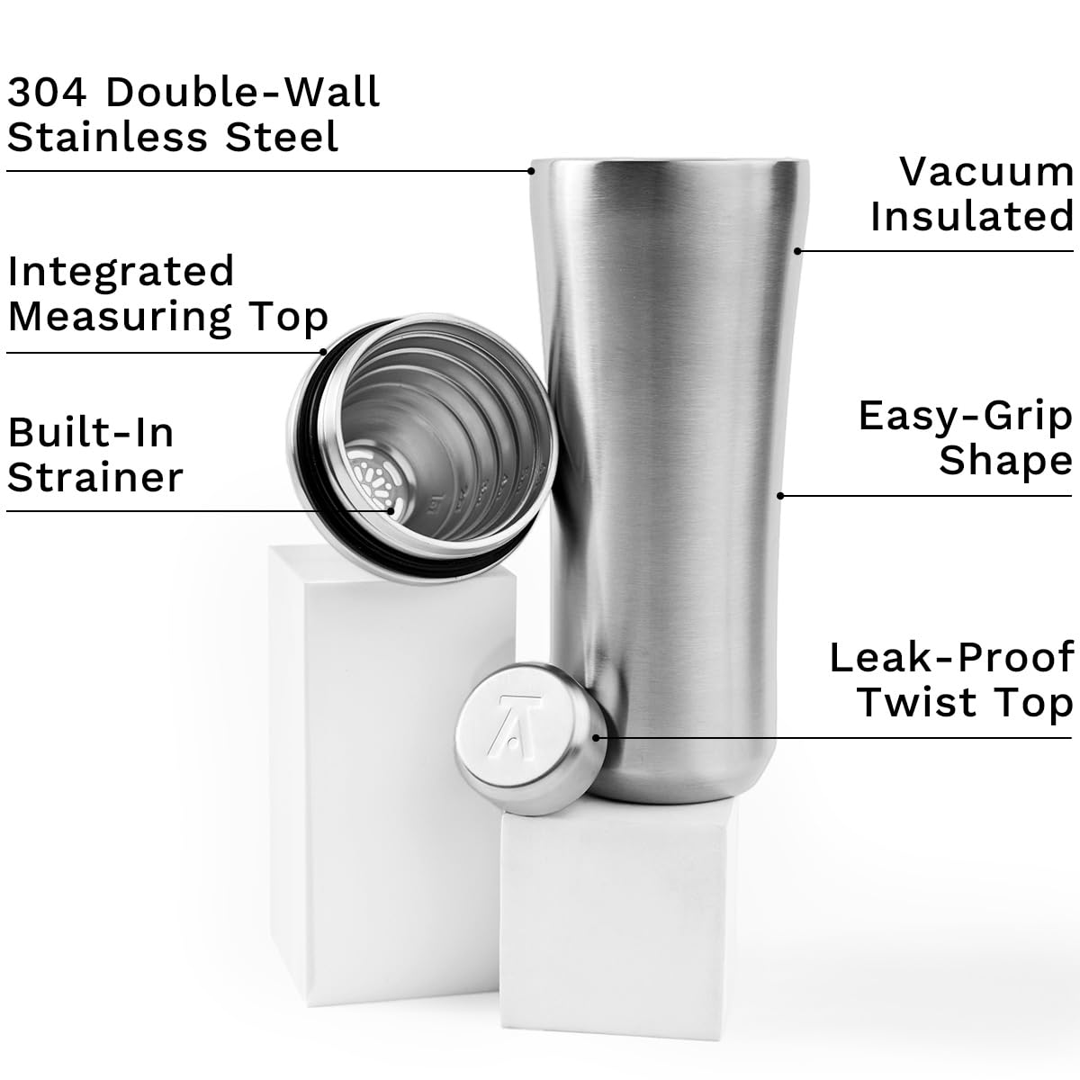 Elevated Craft Hybrid Cocktail Shaker shows measuring top for precise 1/4–1/2 oz pours.