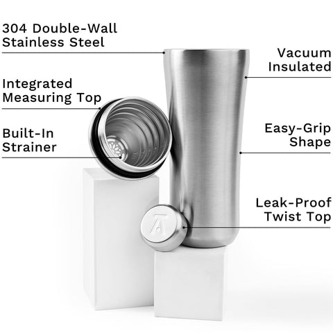 Elevated Craft Hybrid Cocktail Shaker shows measuring top for precise 1/4–1/2 oz pours.