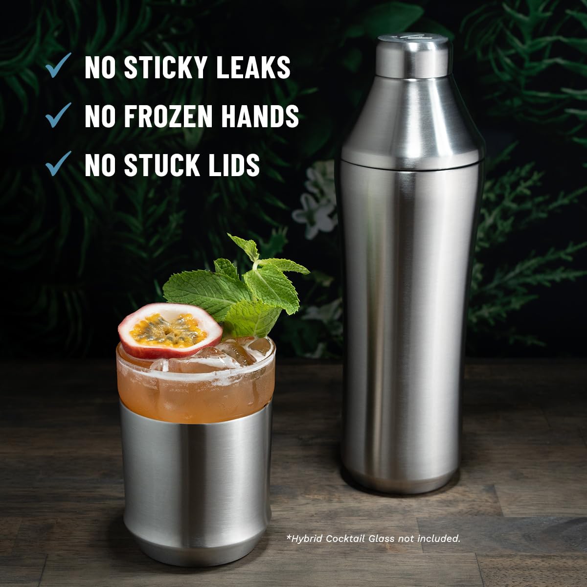 Elevated Craft Hybrid Cocktail Shaker twist-lock lid prevents leaks for easy pouring.