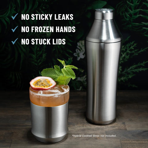 Elevated Craft Hybrid Cocktail Shaker twist-lock lid prevents leaks for easy pouring.
