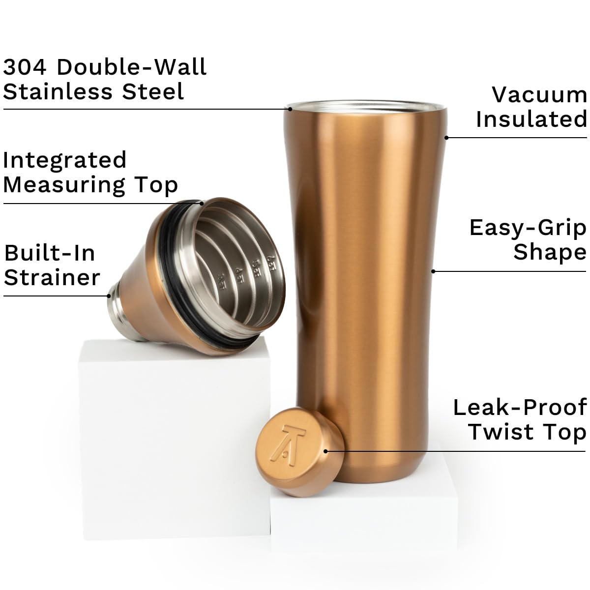 Elevated Craft shaker with measuring top demonstrates micro ¼ to 6 oz accuracy.