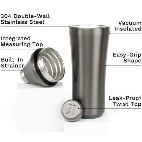 Elevated Craft shaker twist-lock lid for leak-free pouring.
