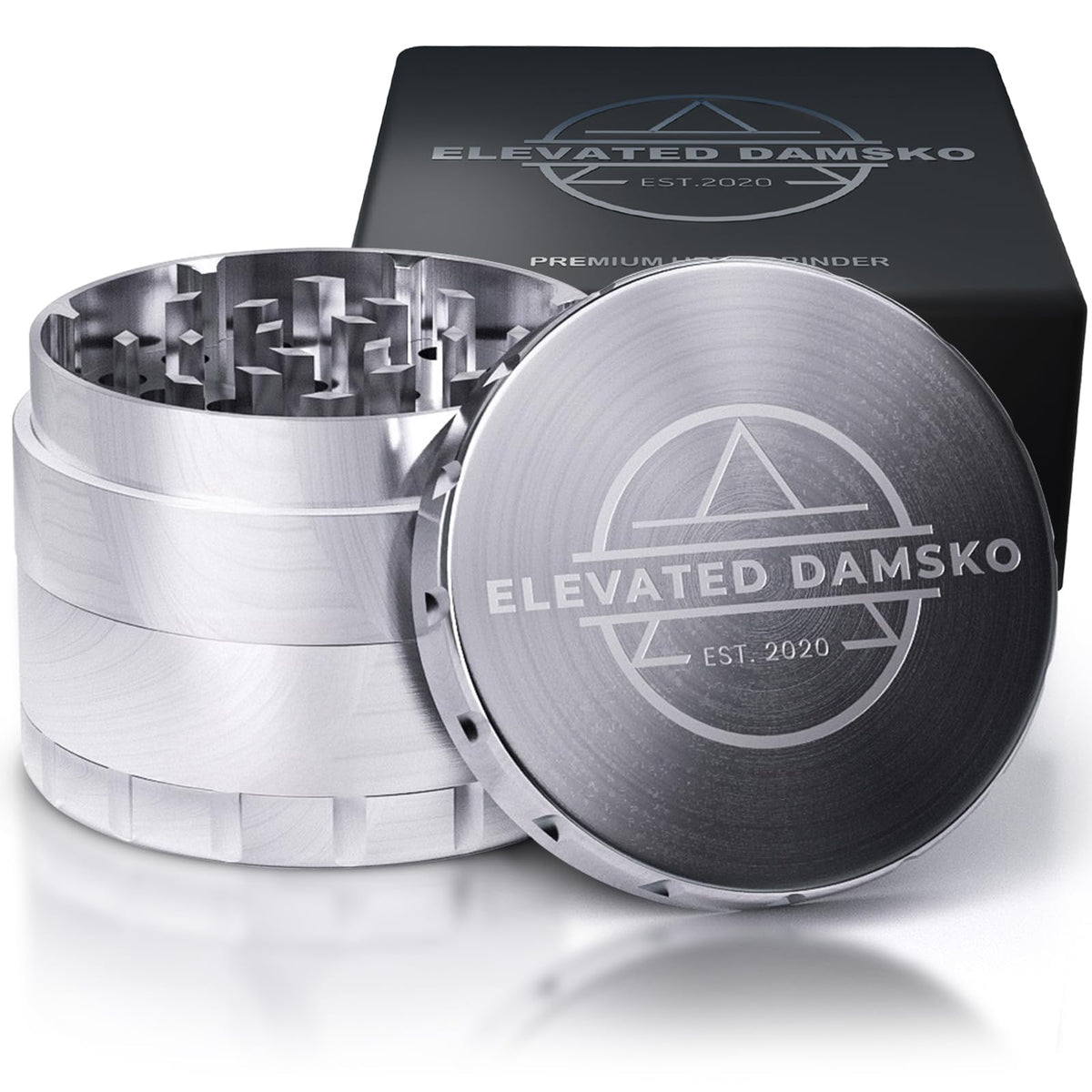 Elevated Damsko 2.5-inch stainless steel grinder on countertop for durable kitchen use