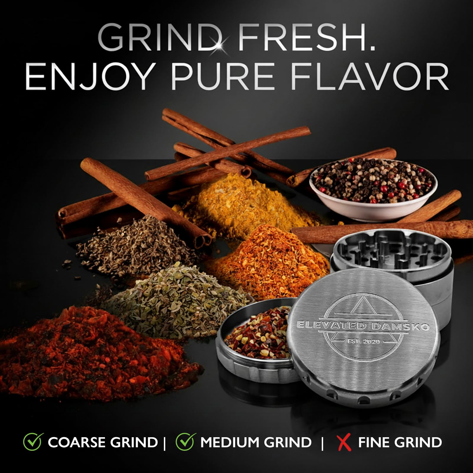 Elevated Damsko grinder releasing fresh aroma during grinding