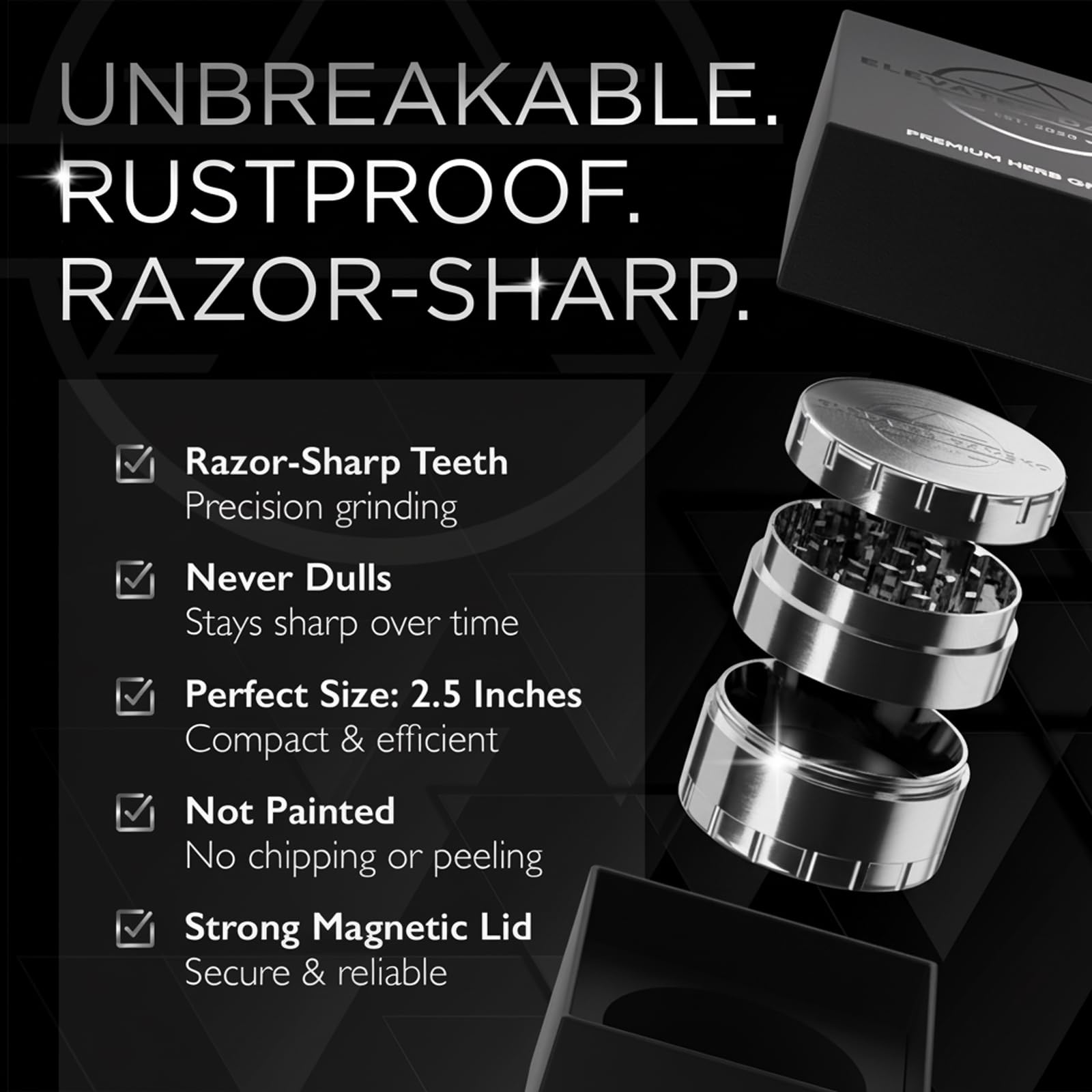 Close-up of Elevated Damsko grinder highlighting premium steel build