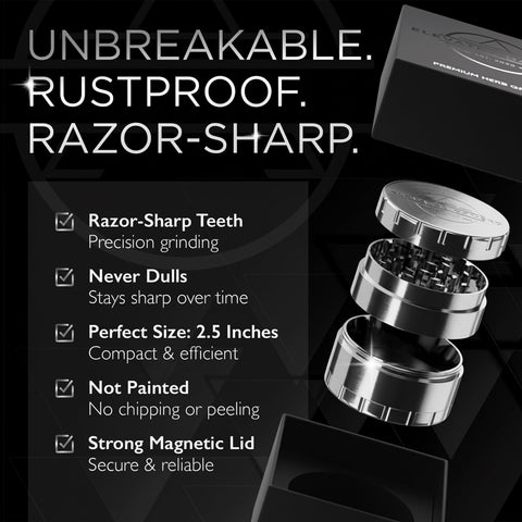 Close-up of Elevated Damsko grinder highlighting premium steel build