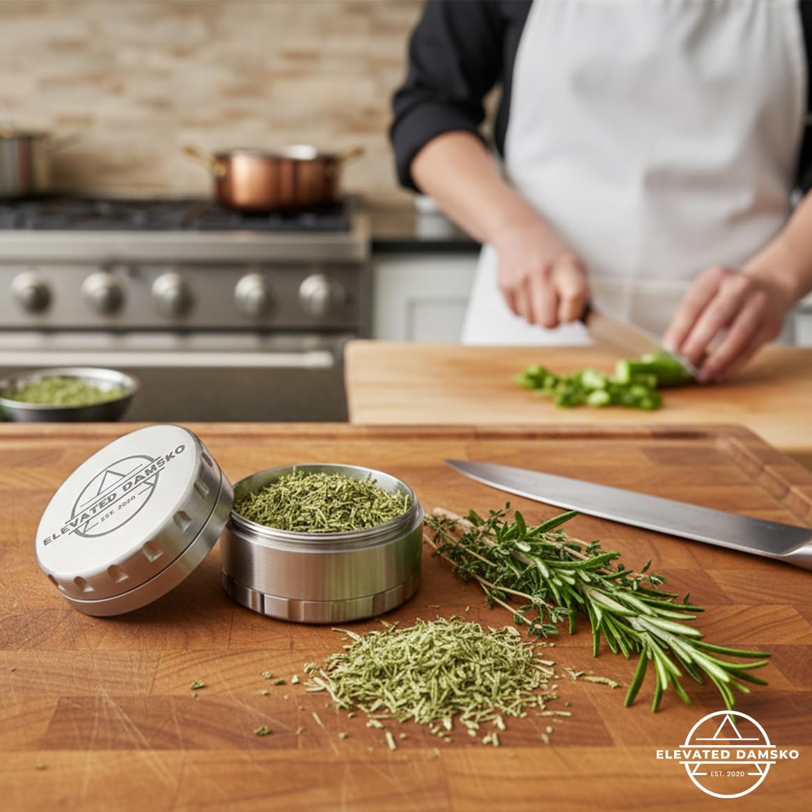 Elevated Damsko grinder aiding signature spice mix preparation