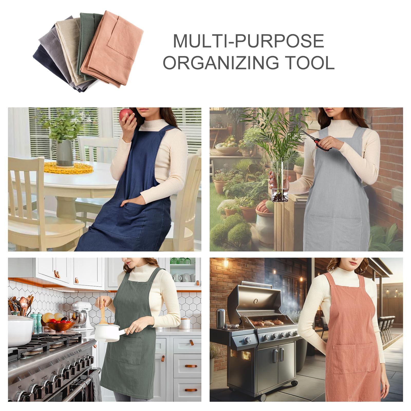 ELEZAY green apron in use in kitchen or garden protecting clothes during tasks