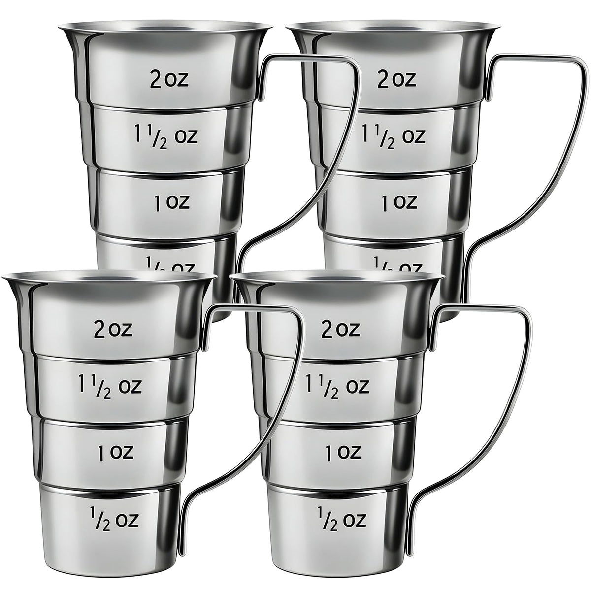 ELFULLY stepped jiggers with handle, top view, for precise 2 oz pours in cocktails.