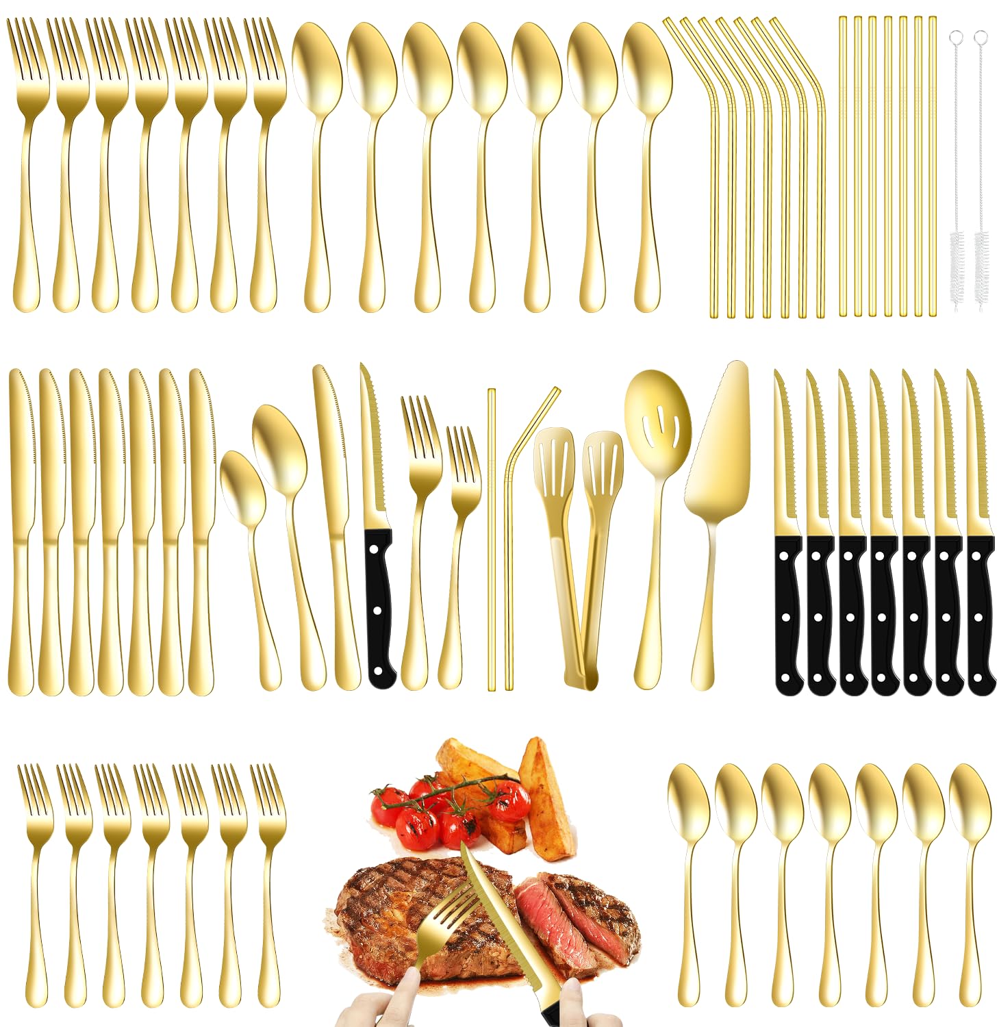 ELIMTEC 69-piece gold flatware with steak knives for elegant dinners