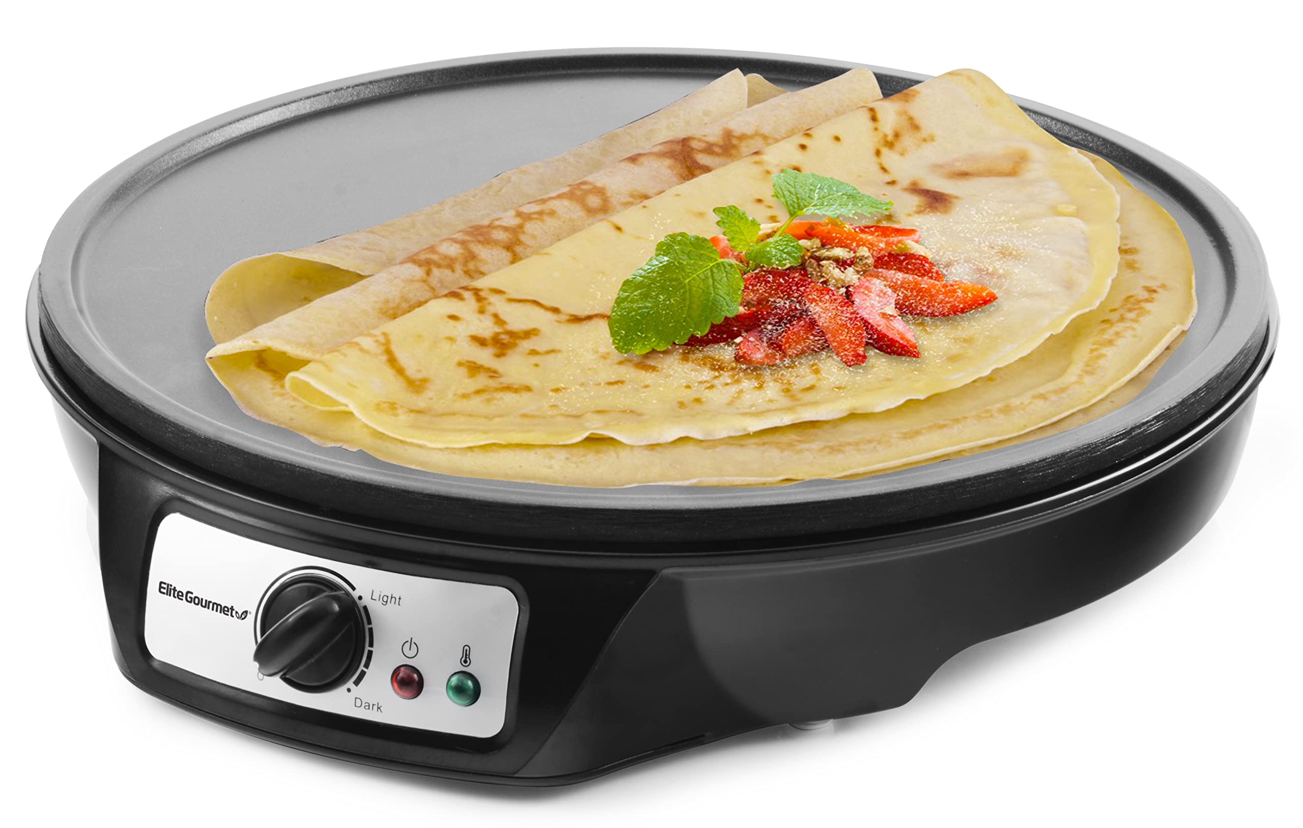 Elite Gourmet ECP-126 crepe maker on counter for quick breakfast prep.