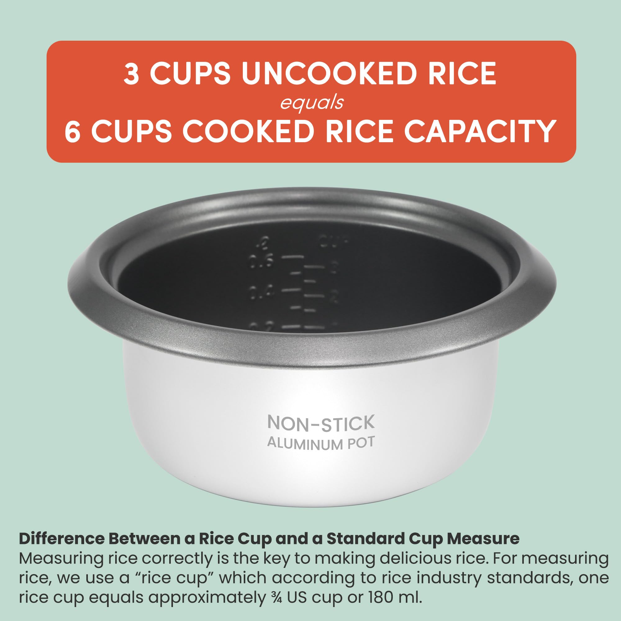 Elite Gourmet ERC-006NST measuring cup and spatula included for precise serving.
