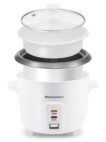 Elite Gourmet ERC-006NST rice cooker front view showing compact, easy-to-use design.