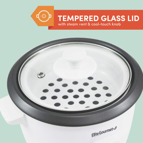 Elite Gourmet ERC-006NST tempered glass lid allows easy meal monitoring.