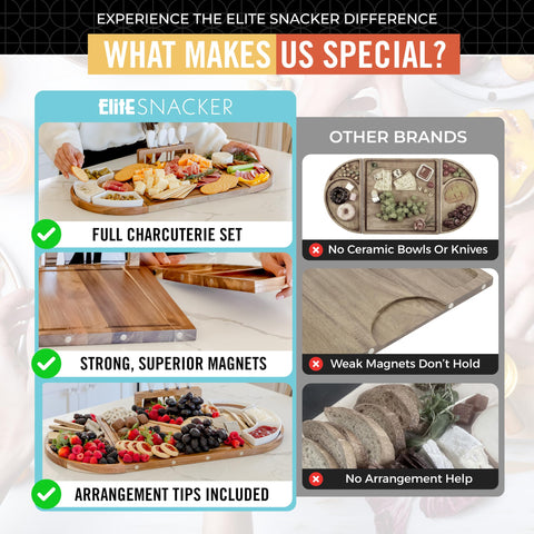 The Elite Snacker white ceramic dishes add elegant serving options.