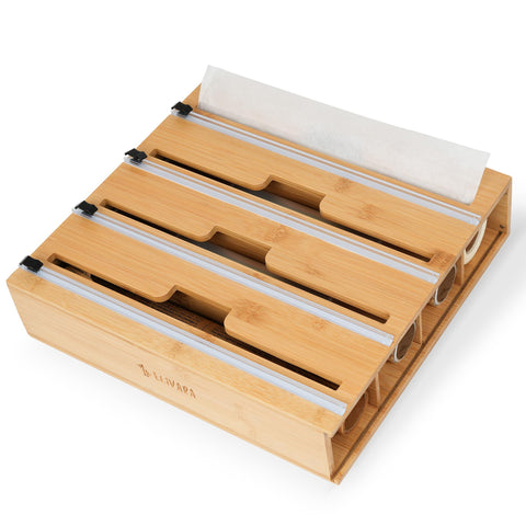ELIVARA 4-in-1 bamboo wrap organizer on the counter keeps foil, plastic wrap, parchment, and towels accessible.