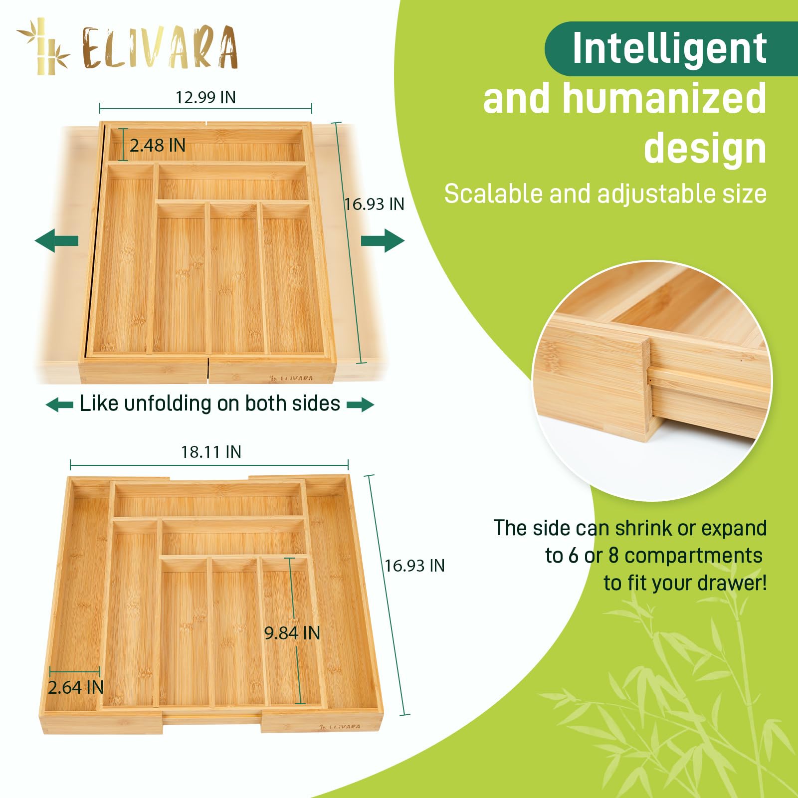 ELIVARA bamboo bathroom drawer organizer holds toiletries.