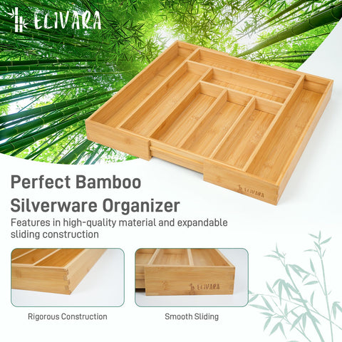 ELIVARA bamboo kitchen drawer organizer keeps utensils neatly organized.