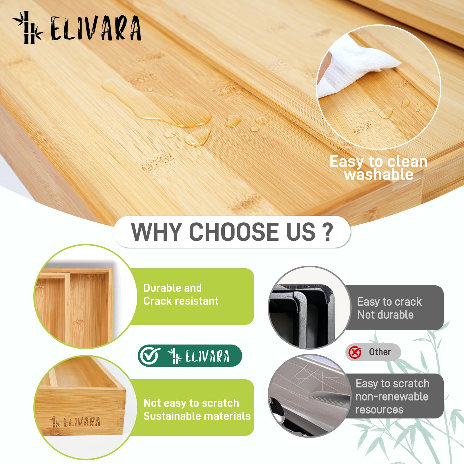 ELIVARA bamboo office drawer organizer arranges pens and clips.