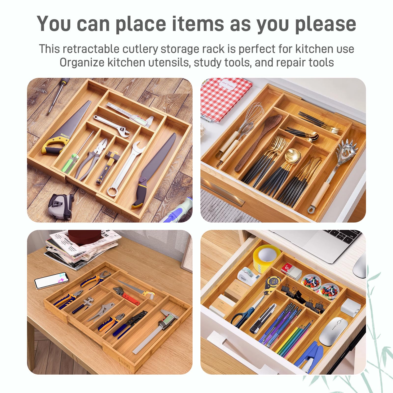 ELIVARA bamboo drawer organizer has a smooth, easy-to-clean finish.