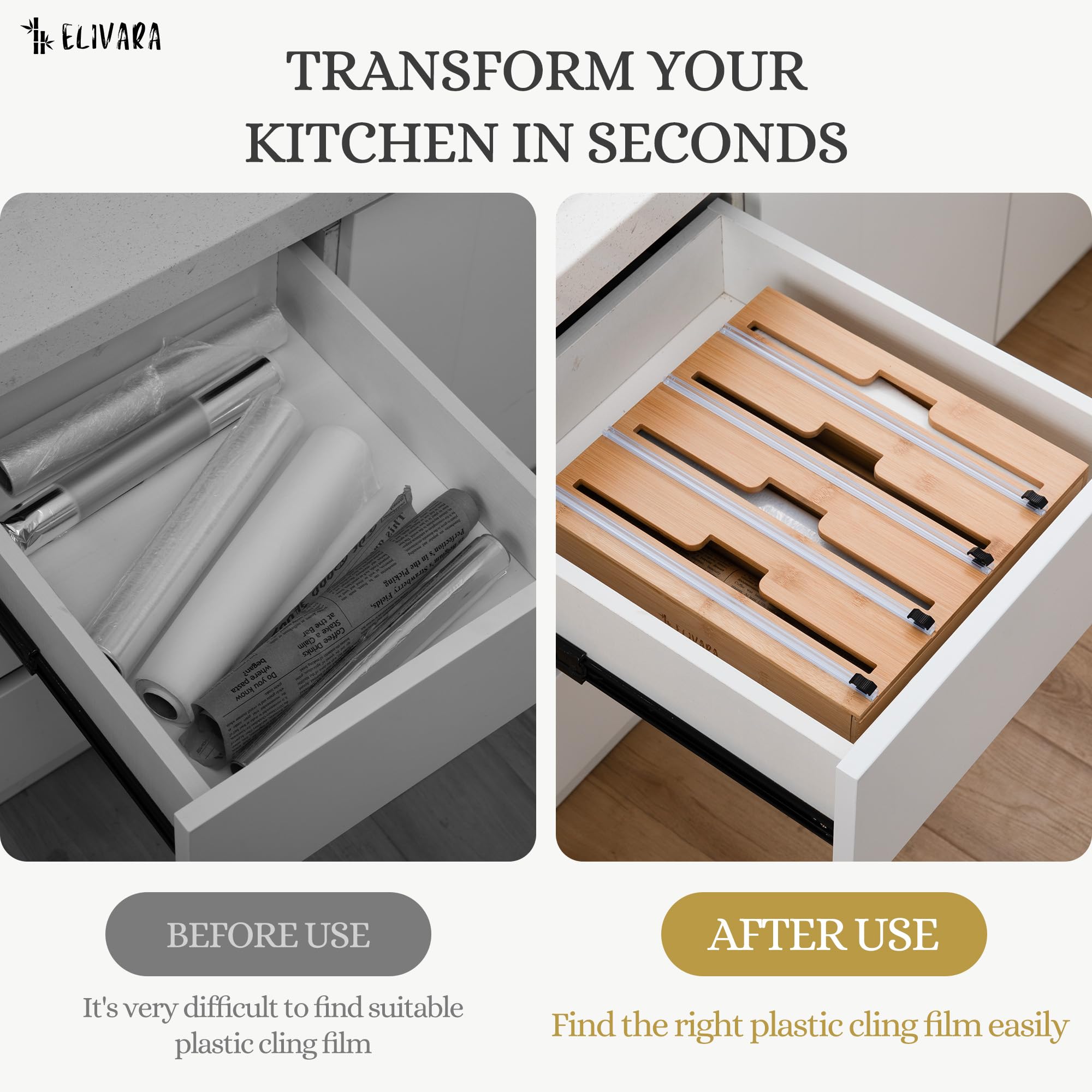 ELIVARA premium bamboo material with warm finish adds natural elegance to kitchens.