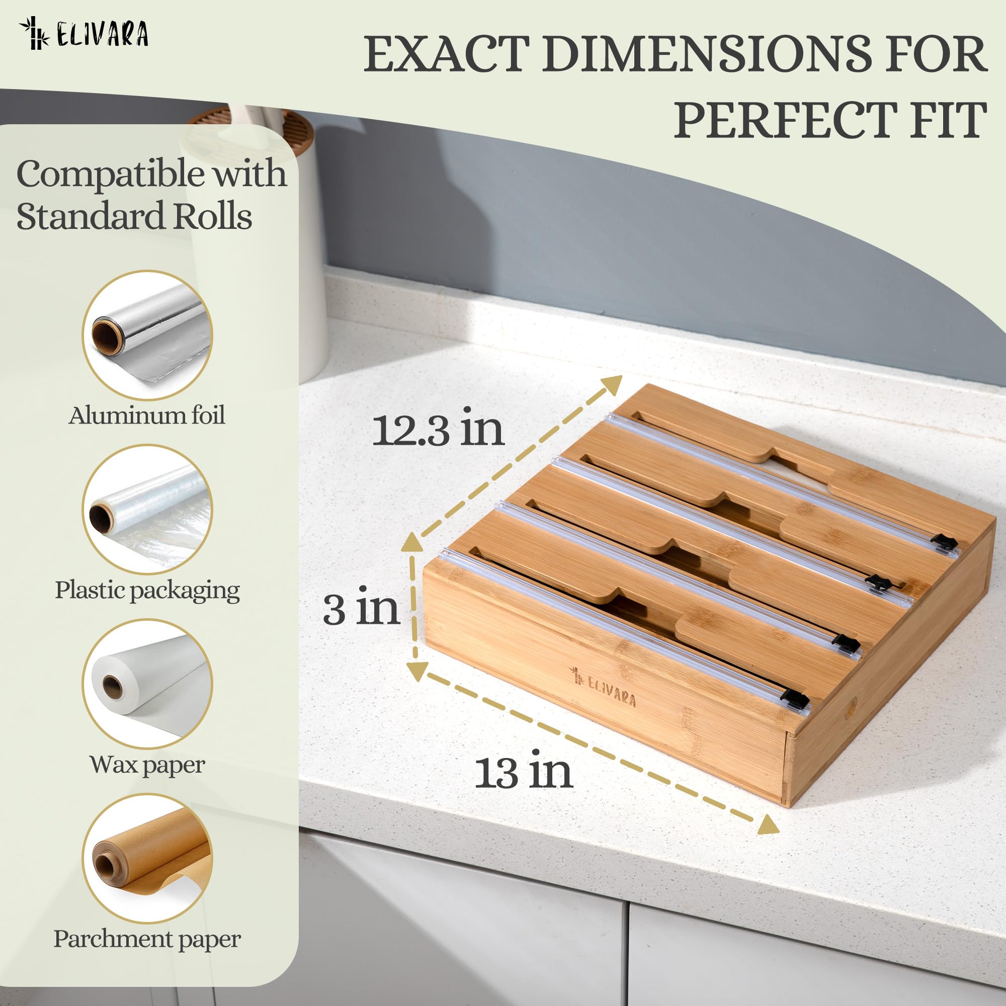 ELIVARA bamboo wrap organizer blends with modern kitchens and enhances organization.