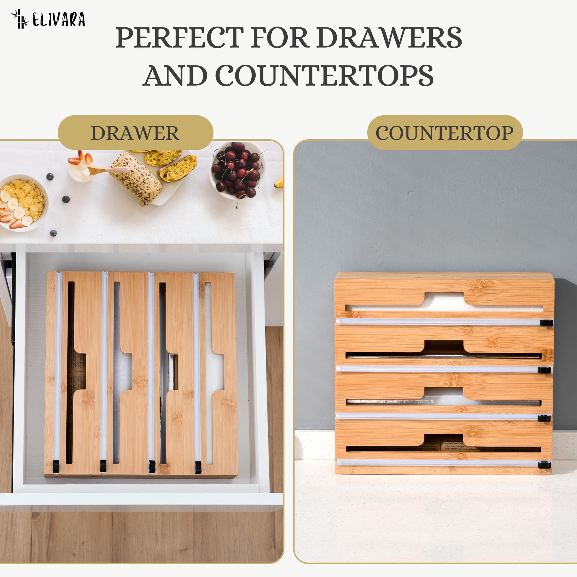 ELIVARA 4-in-1 dispenser keeps wraps within reach during meal prep.